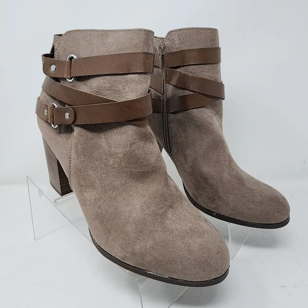 Material Girl Booties Womens 9.5 Brown Zip Straps Faux Suede Boots Block Shoes